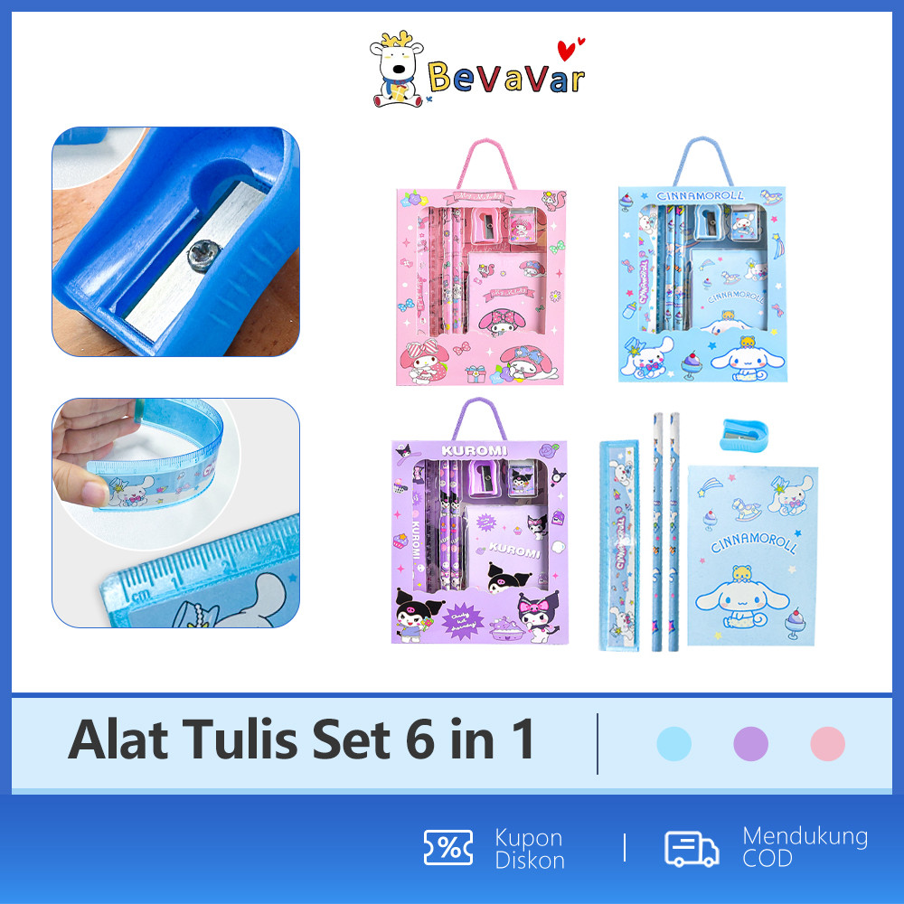 

BEVAVAR Alat Tulis Karakter Lucu Kotak Pensil Anak Set 6 in 1 Stationery Set Anak