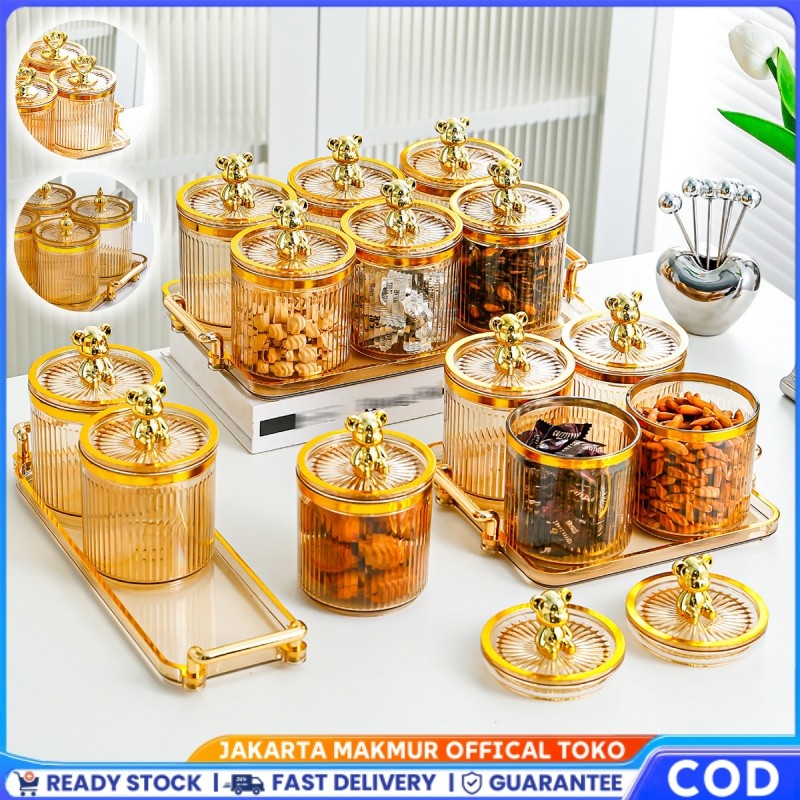 Toples Set Nampan Mewah Tangki Segel Gold Toples Set Bulat Toples Kue Kering Estetik Set Toples Leba