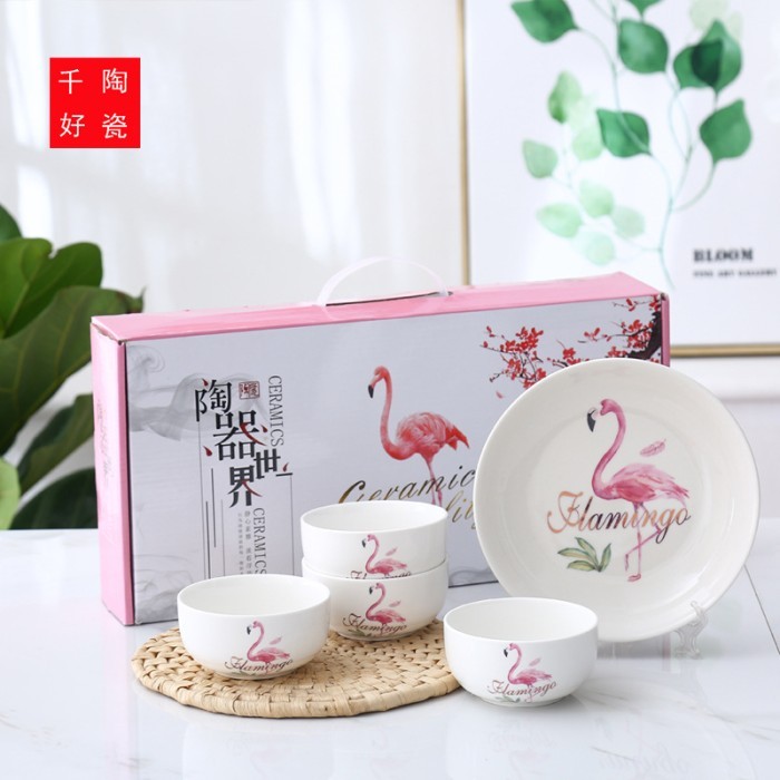 Ceramic Tableware Set / Piring Mangkok Sendok Keramik Hampers Kado - Flamingo Round