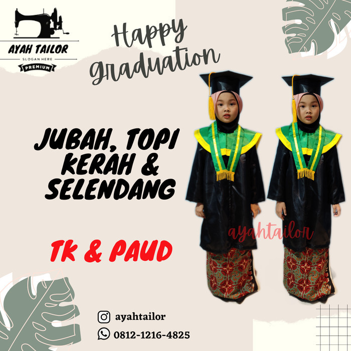BAJU WISUDA JUBAH WISUDA BAJU TOGA TK PAUD HIJAU LIST KUNING - Hitam, XL