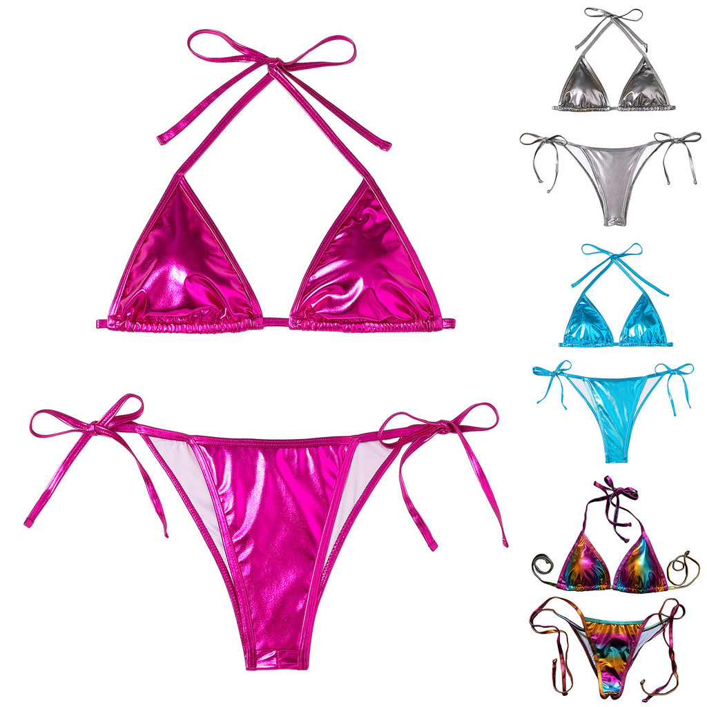 Bathing Suit For Women Tummy Control Women Bikini Sets Shiny String Padded Triangle 2 Pieces Swimsui