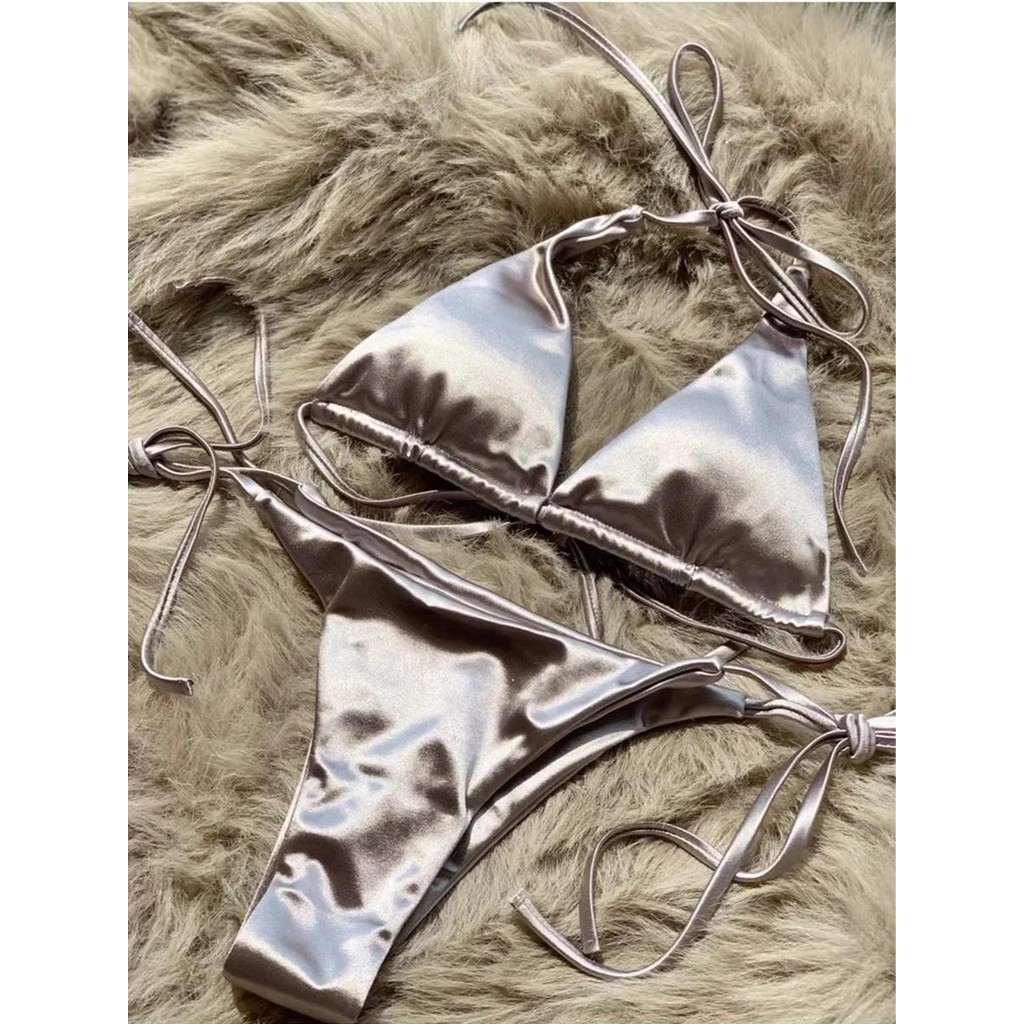 Wrap Around Halter Metallic Satin Bikini Women Swimwear Female Swimsuit Two-pieces Bikini Set Brazil