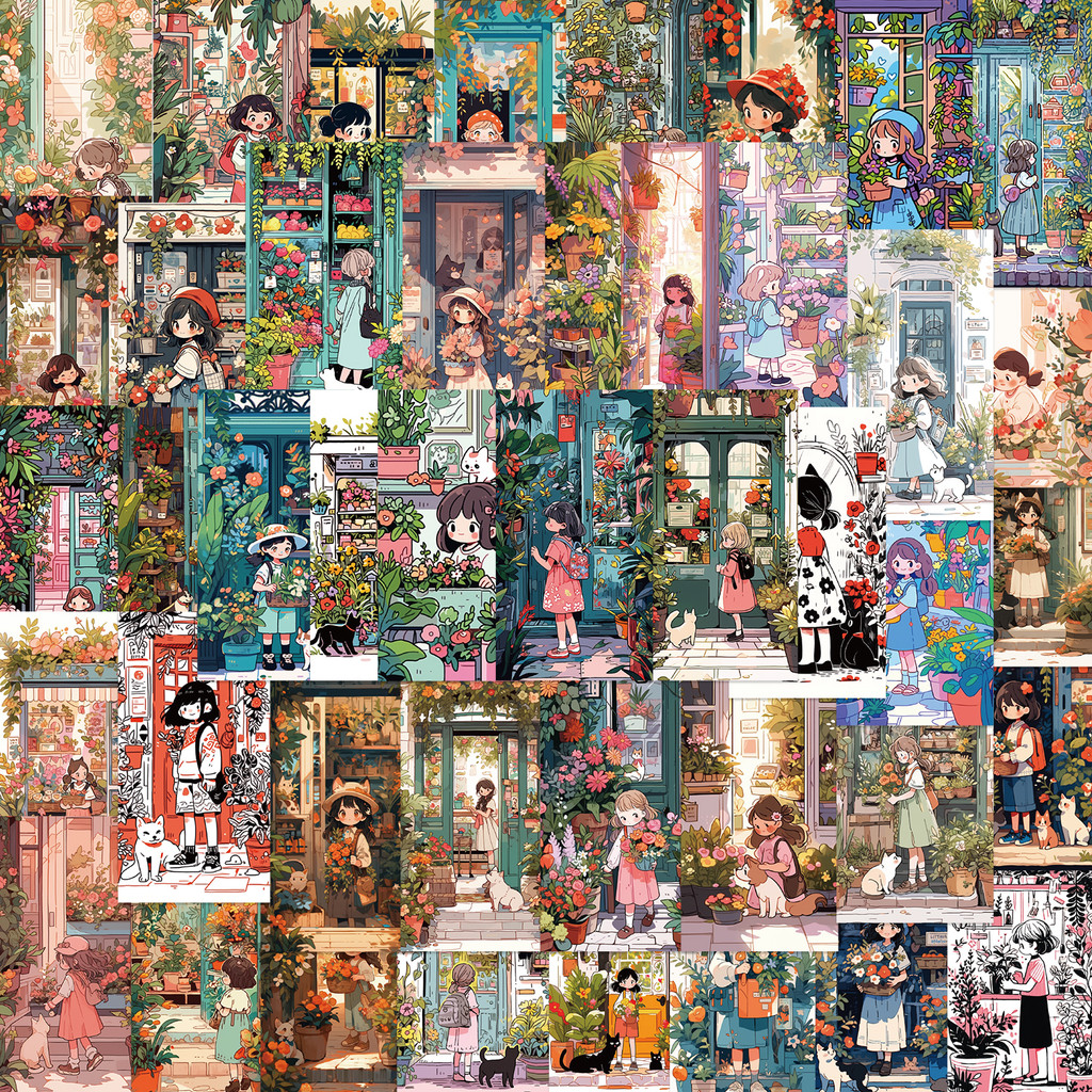 

50PCS Little Girl And Cat Stickers Flower Shop Sticker For Y Laptop Luggage Car Skateboard Helmet Waterproof Gfit Decal