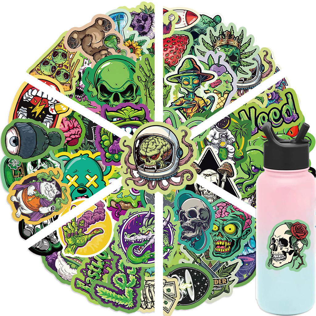 

50pcs Green Skull Graffiti Stickers Flower Waterproof DIY For Water Bottle Laptop Phone Skateboard For Adults Teens Sticker﻿