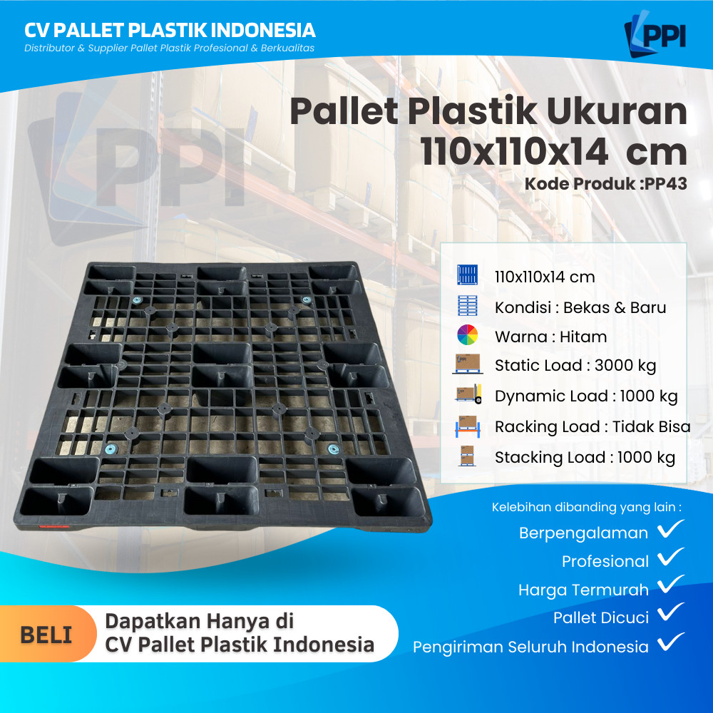 

Pallet Plastik Bekas/Baru Ukuran 110x110x14 cm – PP43 / Pallet Plastik Hitam / Pallet Plastik Jaring