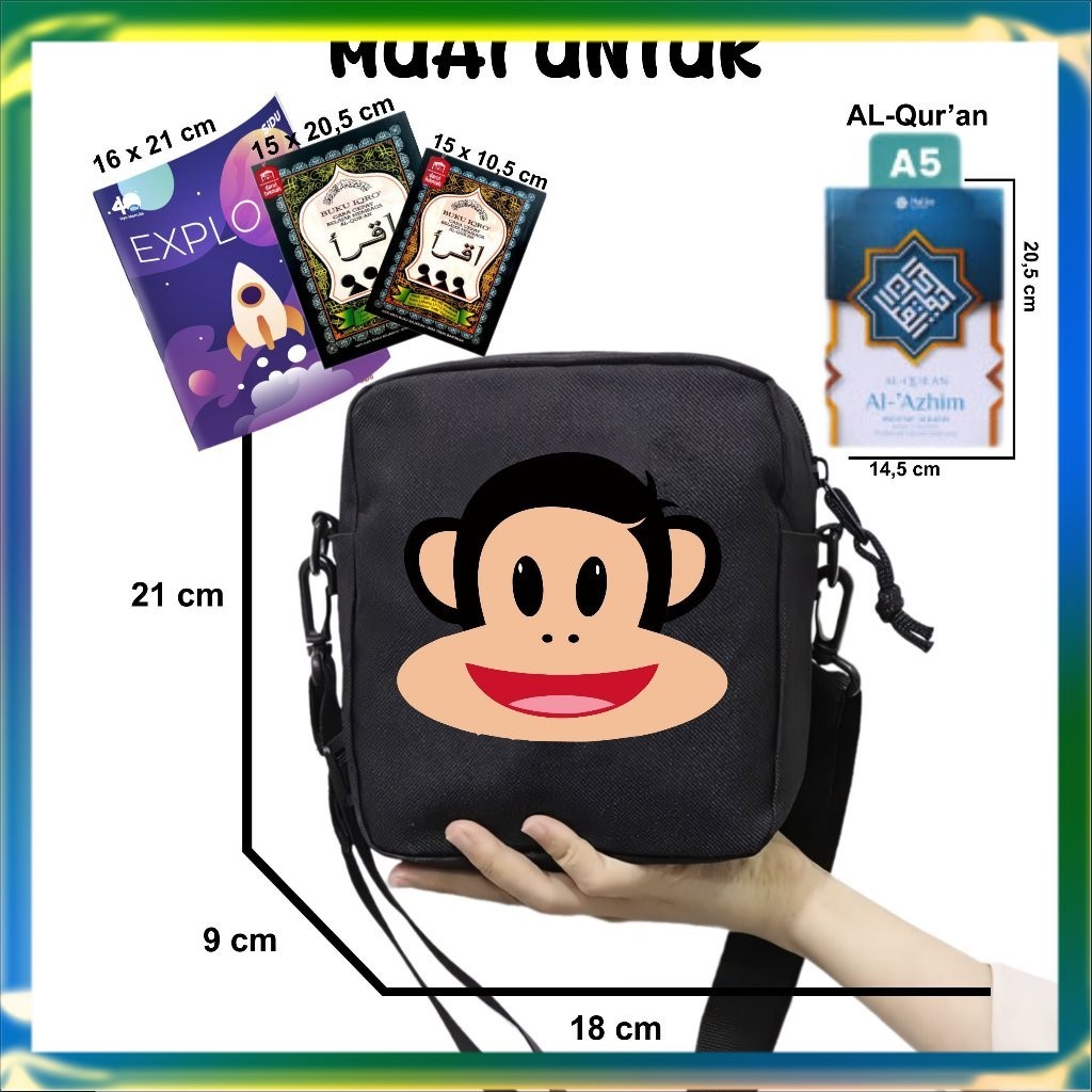 SM Tas Anak Selempang Paul Frank Monkey Cocok Untuk Sekolah dan Mengaji Unisex Fashion Kids 28 A5