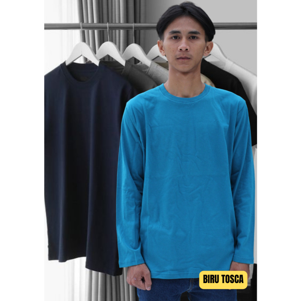 Kaos Polos Dewasa Warna Biru Tosca Lengan Panjang /Kaos Polos Lengan Panjang Unisex Murah Bahan Cott