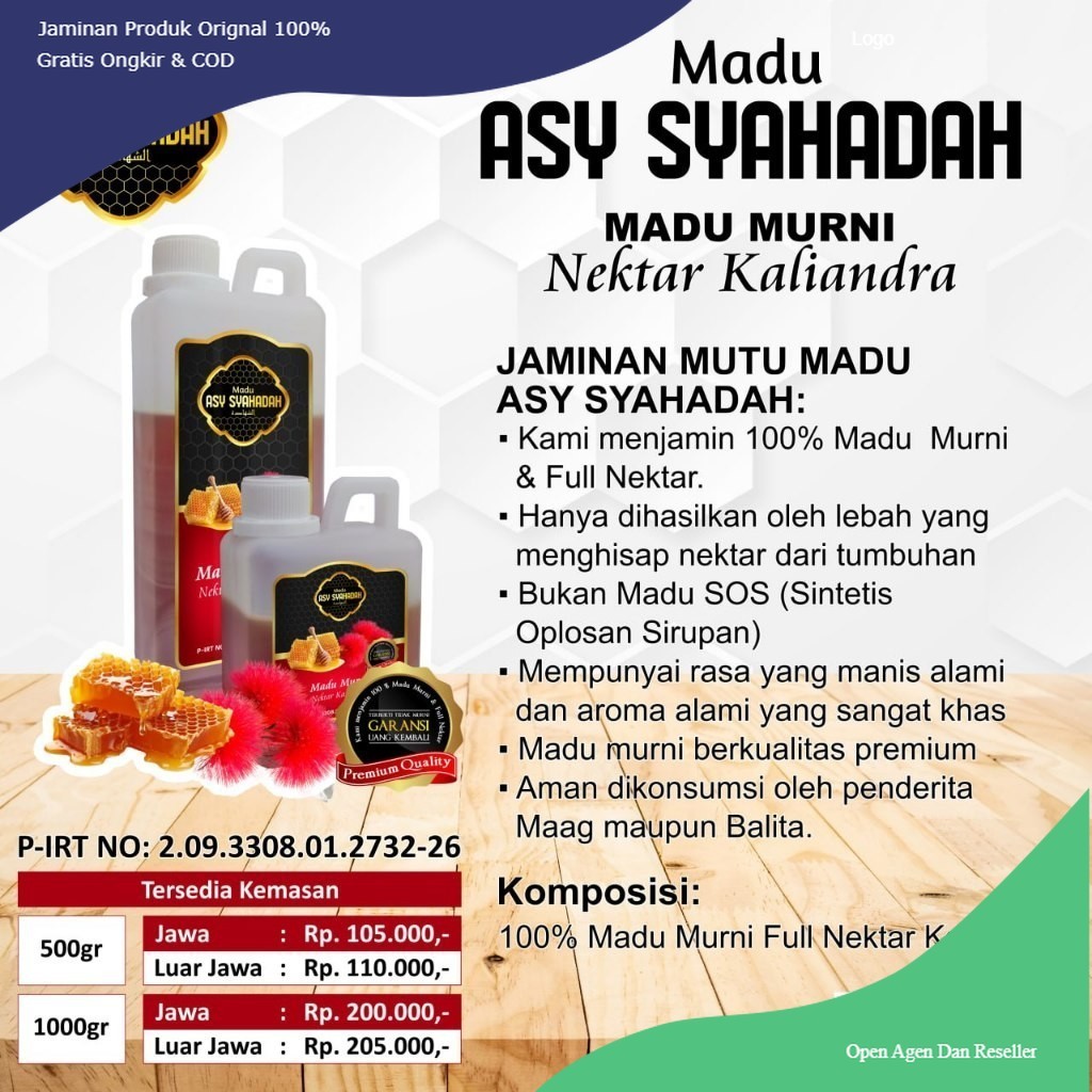 

Madu Asy Syahadah Full Nektar 100% Murni Multiflora Randu Rambutan Kaliandra Mojokerto Herbal Samlafit