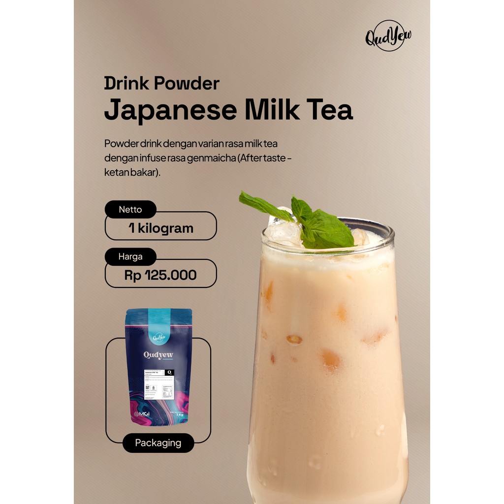 

Qudyew Japanese Milk Tea Powder 1KG – Bubuk Minuman Rasa Genmaicha Otentik Halal Murah Distributor Baru Minuman Viral
