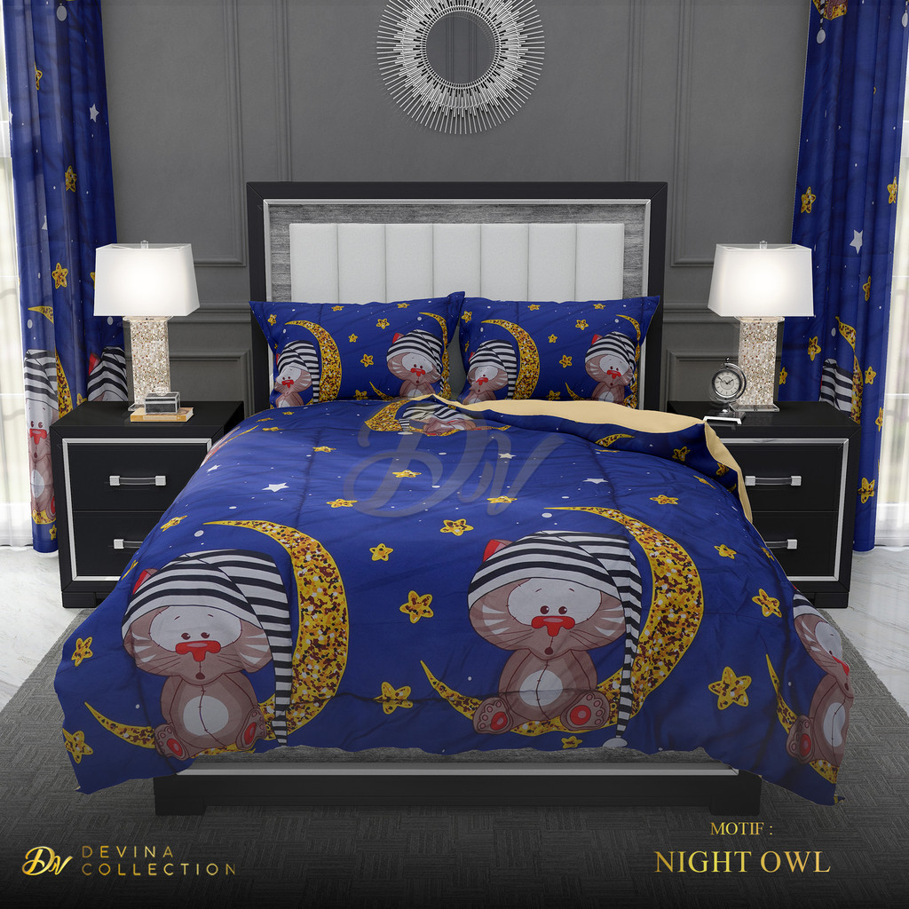 Devina Collection Bedcover Sprei Set Karet Anti Geser Motif Anak Night Owl Uk King 180x200