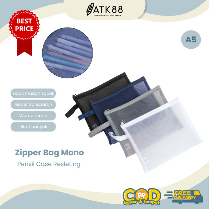 

Zipper Bag A5 Monokrom Tempat Pensil Jaring Transparant - Pencil Case Resleting