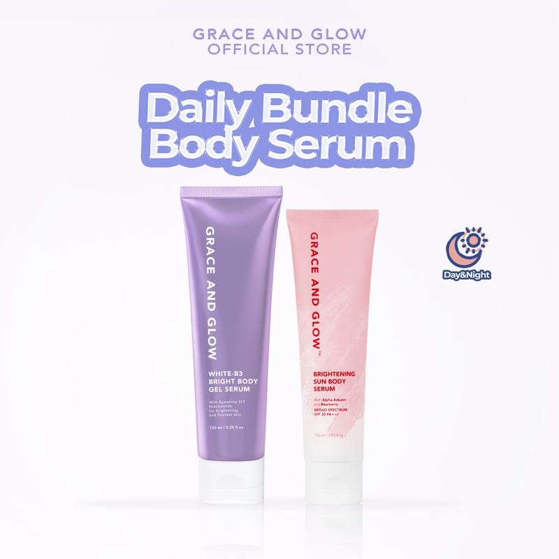 

Grace and Glow DAILY BUNDLE Body Serum Day and Night - White-B3 Bright Body Gel Serum untuk Malam + Brighening Sun Body Serum SPF 30PA+++ untuk Siang | Extra Moisturizer and Protection |