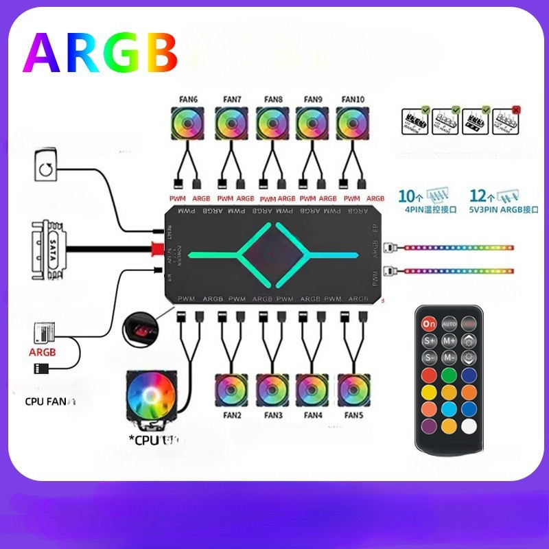 12Port Argb Fan Hub Controller Pc Fan Rgb Fan Pwm Argb 3Pin Remote Control Kipas Casing Pc