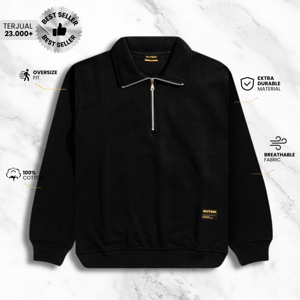Guten Inc Sweater Half Zip Rugby Jaket Pria Crewneck Hitam
