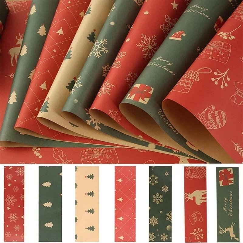 

7PCS Christmas Gift Wrapping Paper Snow Santa Snowflake Elk Pattern Holiday Gift Wrapping Kraft Paper Xmas Wedding Decoration