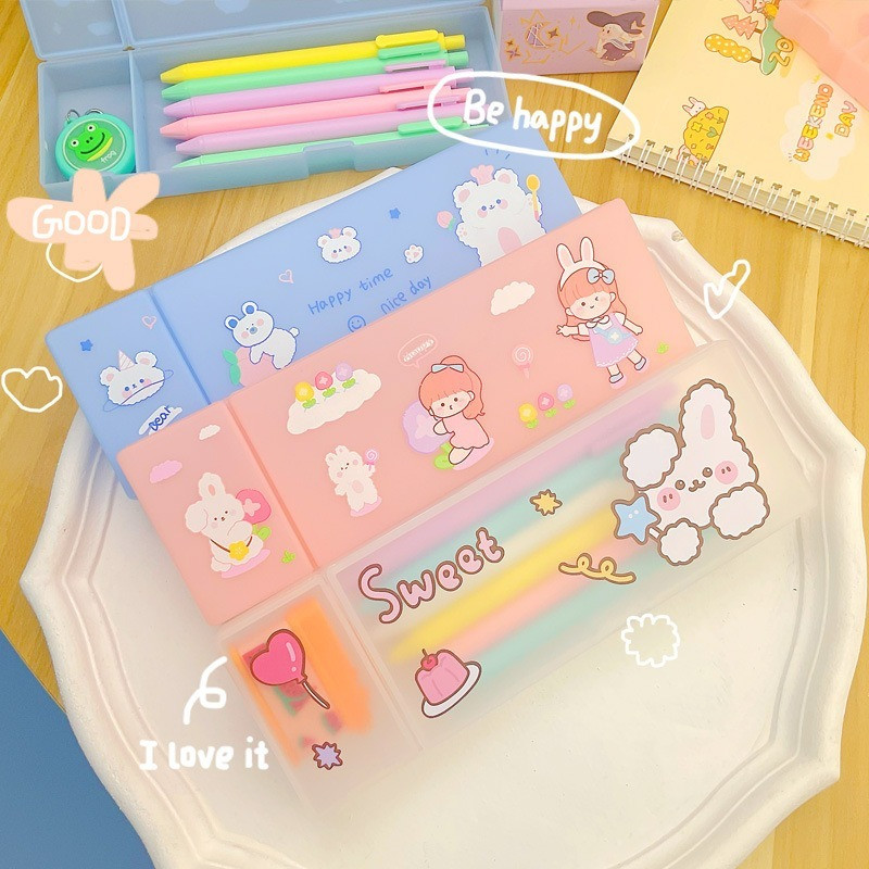

1PC Cute Simple Colorful Pencil Case Frosted Plastic Cartoon Pencil Pens Storage Diving Box Student Stationery Office Supplies