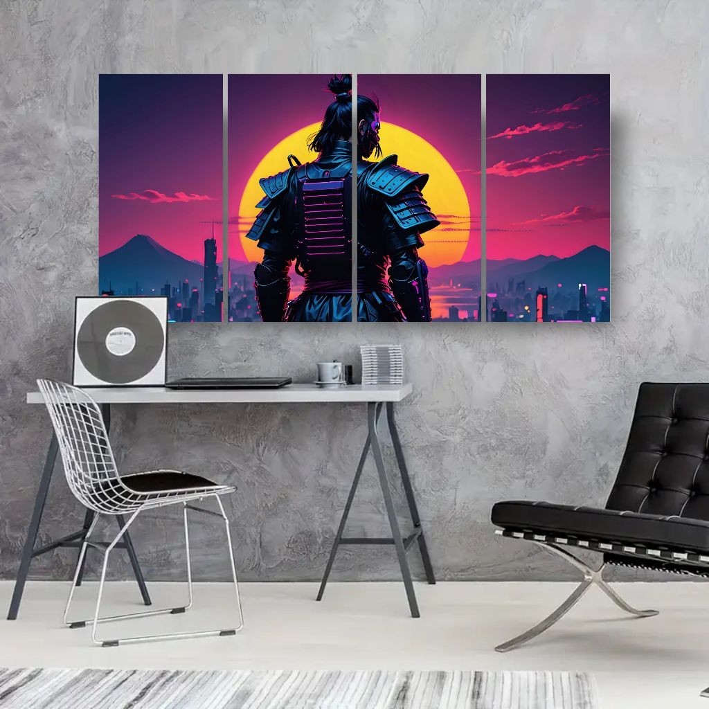 Poster dinding kayu Hiasan kamar 1 SET 4  Samurai Warrior Sunset - wave art japanese jepang samurai
