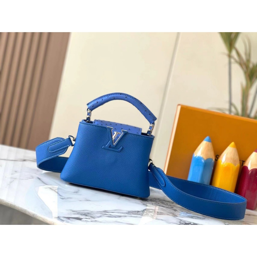 Wanita LV Capucines Mini Blue Bag, LV Bag Standard S-Klas Penuh PK