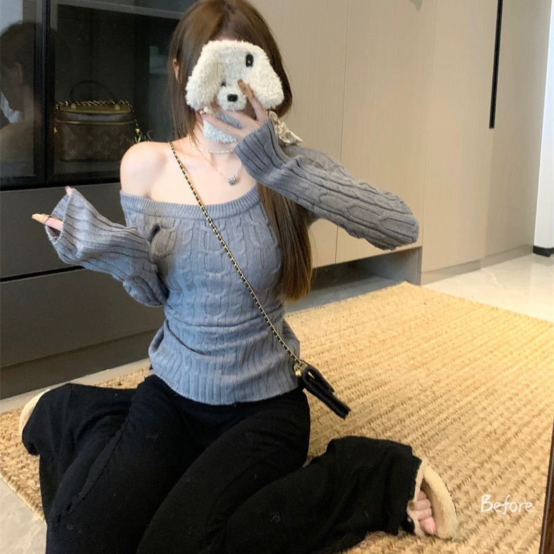 Korean Atasan Rajut Wanita Off Shoulder Sweeter Crop Sexy Style Baju Crop Lengan Panjang BF