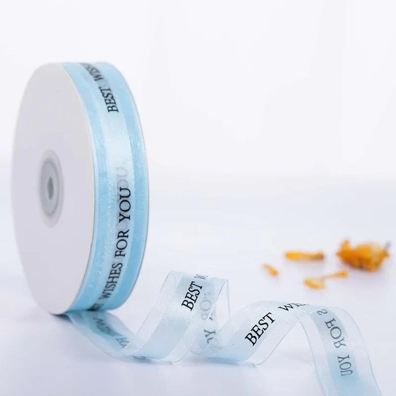 

2.5cm 50yards Best Wishes For Gold Edge Sheer Organza Ribbon Cake Box Packaging Flowers Bow DIY Decoration Wedding D2371