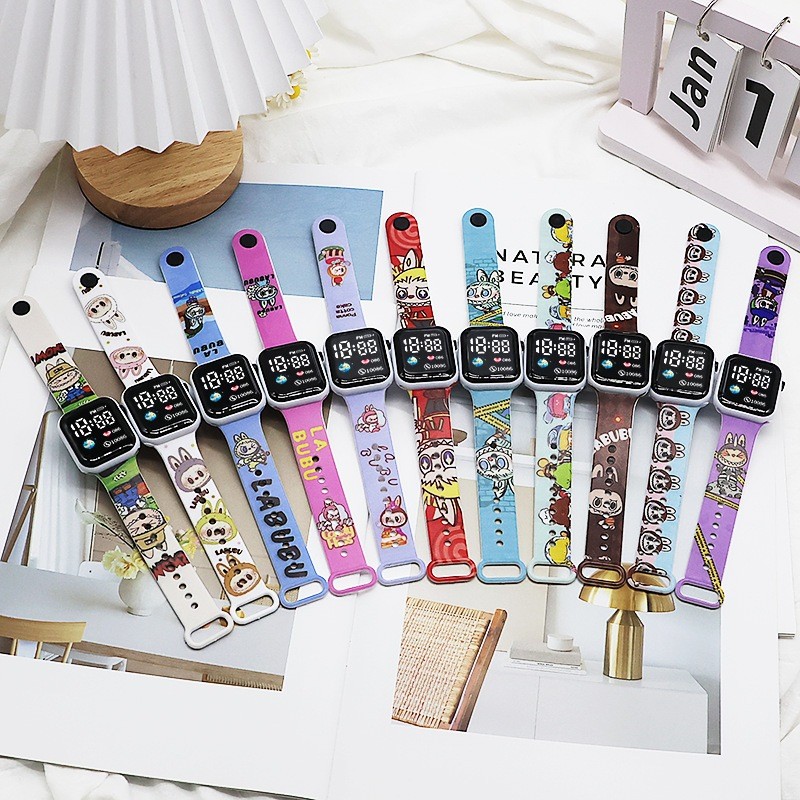 Bellini - Jam tangan digital LED anak dan remaja unisex kotak motif pola labubu