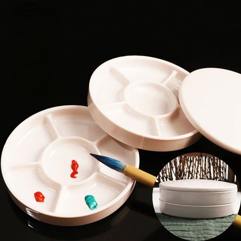 

Imitation Porcelain Round Palette with Lid Acrylic Watercolor Painting Multifunctional White Paint Tray Artist Supplies