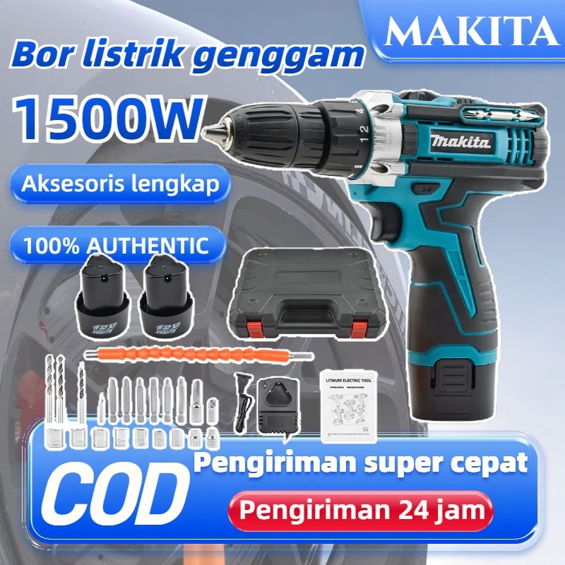 MAKITA  3 IN 1 Bor tangan tanpa kabel Alat Bor Dampak Isi Ulang Bor Listrik Set  Reversible Termasuk