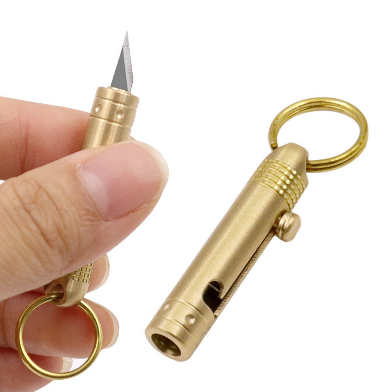 

Mini Utility Knife Box Cutter Open Craft Brass Spear Type Front Switchblade Knife with Keychain for Camping Outdoor Survive