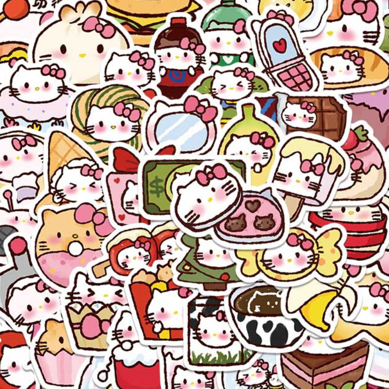 

90Pcs Cute Sanrio Hello Kitty Food Stickers Decal Skateboard Phone Decoration Stickers Hand Painted Cartoon Sticker Packing