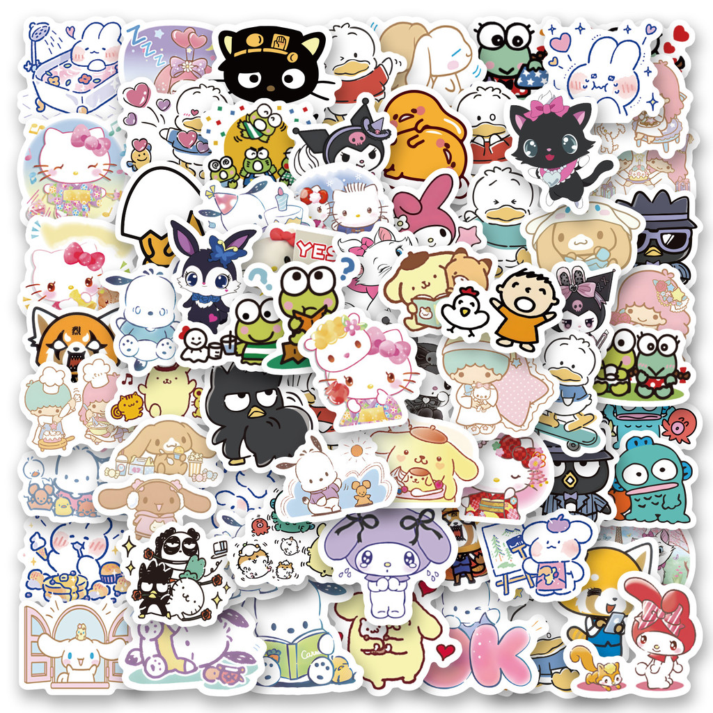 

100Pcs Kawaii Sanrio Kuromi Melody Stickers DIY Mobile Phone IPad Luggage Waterproof Cartoon HelloKitty Stickers Kids Toys