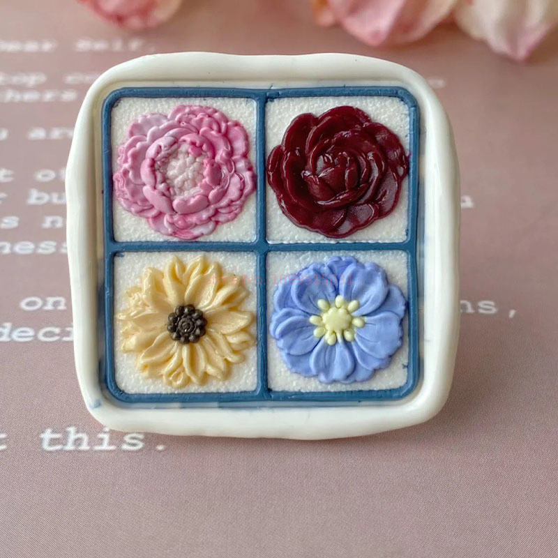 

New 3D Wax Seal Stamp Four-Box Grid Flower Seal Brass Head Multi-Layer Special-Shaped Relief Envelope Invitation Sealing Wax