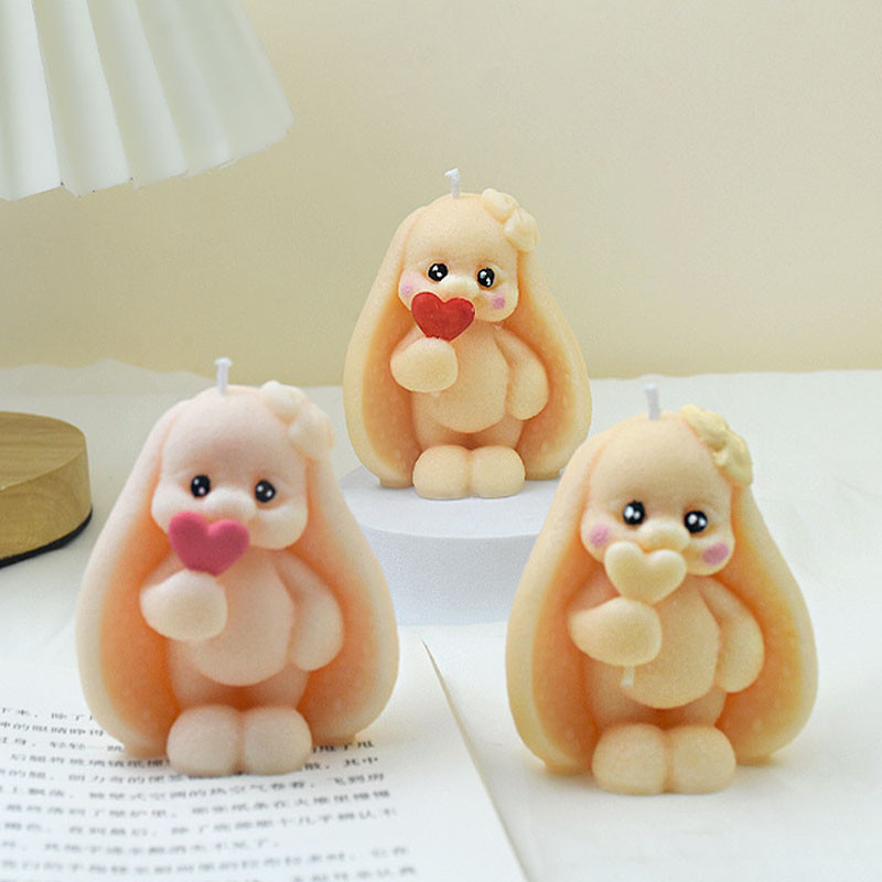 

3D Cute Long-eared Rabbit Candle Silicone Mold Handicraft Shy Bunny Holding Heart Candle Gypsum Mould Cake Chocolate Decor Gifts