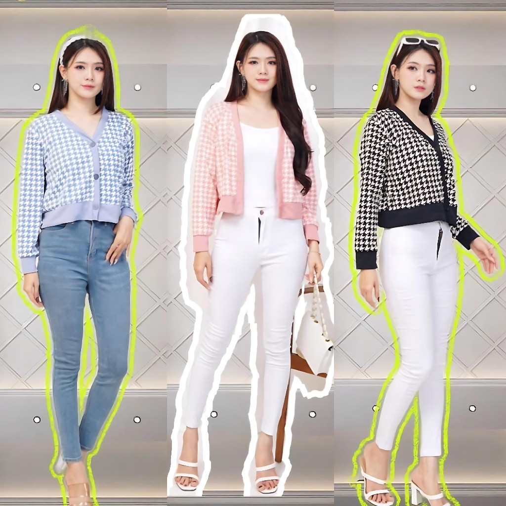 Cardigan BUTTON Combinasi Crop Jumbo 02 | Blus Wanita Kotak-Kotak Houndstooth