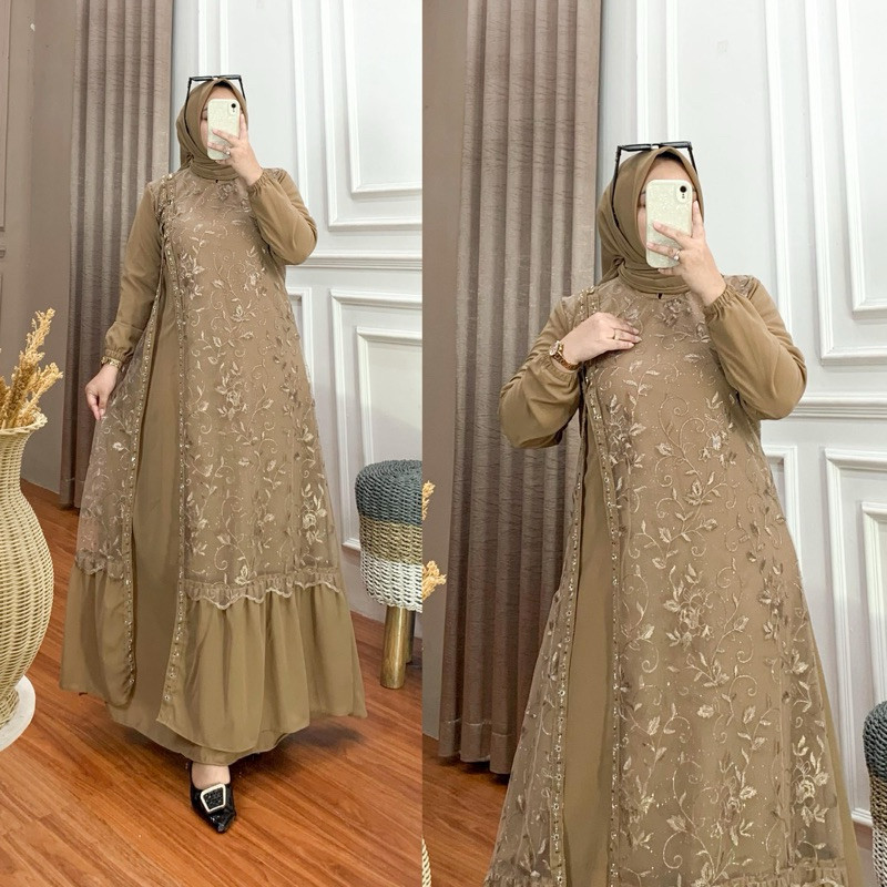 promo KAMILA DRESS GAMIS SET HIJAB LEBARAN KONDANGAN CERUTY BROKAT REMPEL  PESTA PUTIH