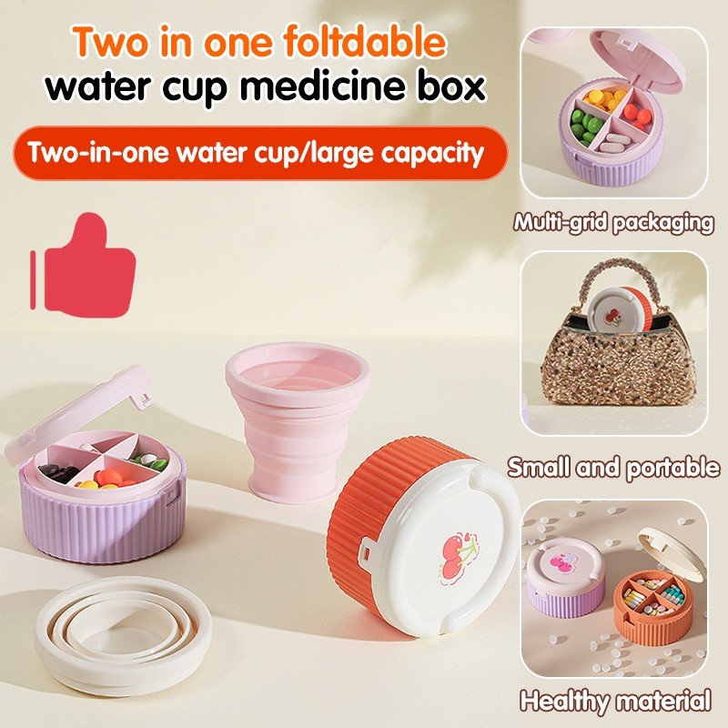 ⭐Kotak Obat Portabel dengan Gelas Lipat /2-in-1 Obat & Minum Organizer/Penyimpanan Pil & Vitamin/Unt