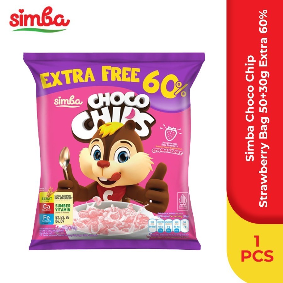 

Simba Choco Chips Strawberry Bag 50gr + 30gr Extra 60%
