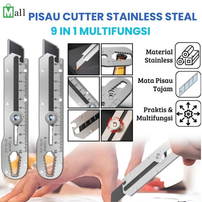 

A dlPisau Cutter Stainless Multifungsi Pembuka Tutup Botol dan Penggaris Cutter 9 in 1 Serbaguna - CUTTER