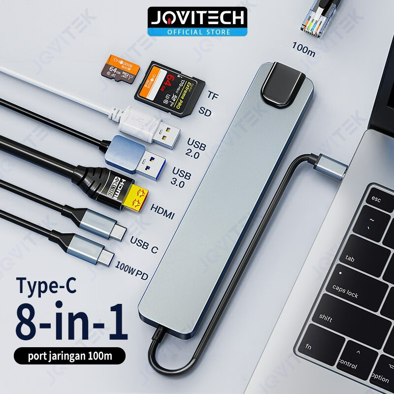 Jovitech 8in1 Adapter Konektor Multifungsi HDMI 1.4 USB 100W PD TYPE C SD Card TF Card 4K Kabel 100M