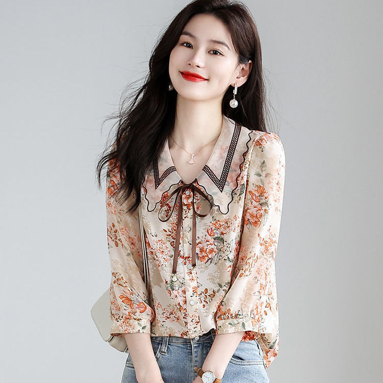 Blus Sifon Motif Bunga China Baru Ukuran Plus Atasan Musim Semi Wanita