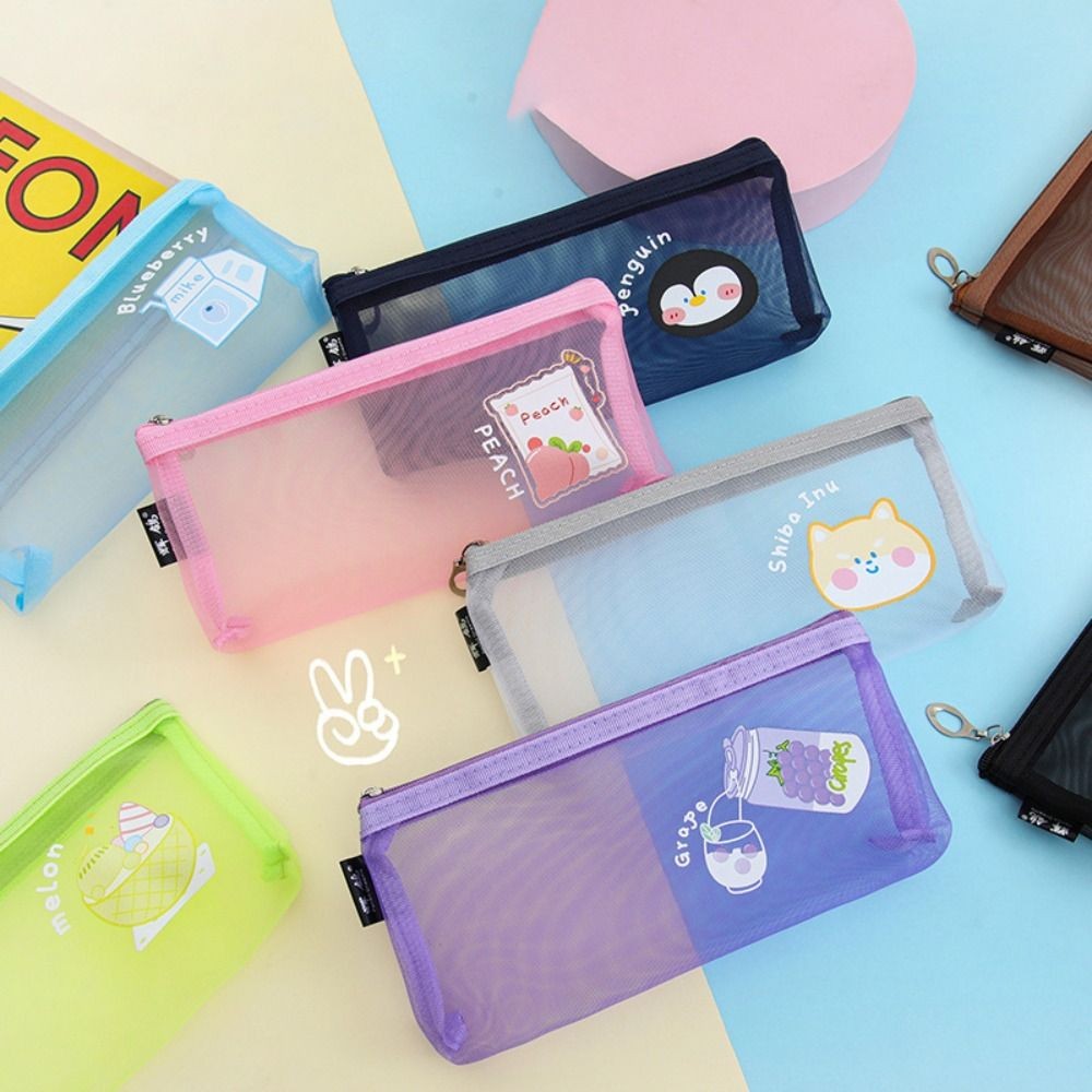

Cute Mesh Pencil Case Portable Cartoon Transparent Stationery Storage Bag Large-Capacity Nylon Mesh Cosmetic Storage Bag Girl