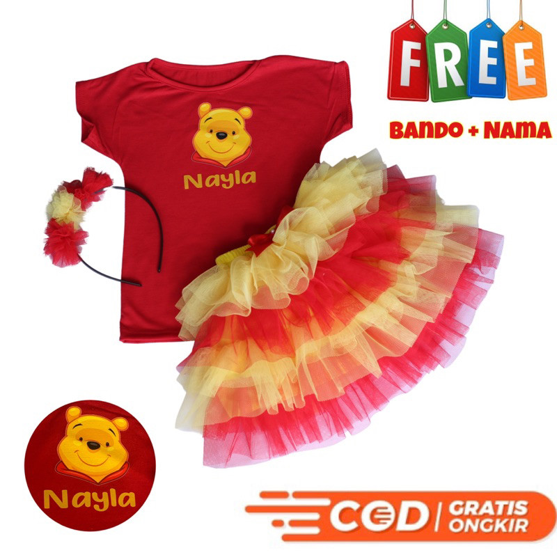 

__(( ROK TUTU ANAK | setelan tutu FREE nama dan bando WINNIE THE POOH 1-9th ___(((