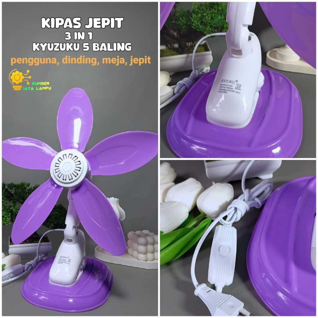 Kipas Angin Jepit 3 in 1 KYZUKU HY-560 39 Watt New Daun Ungu SNI