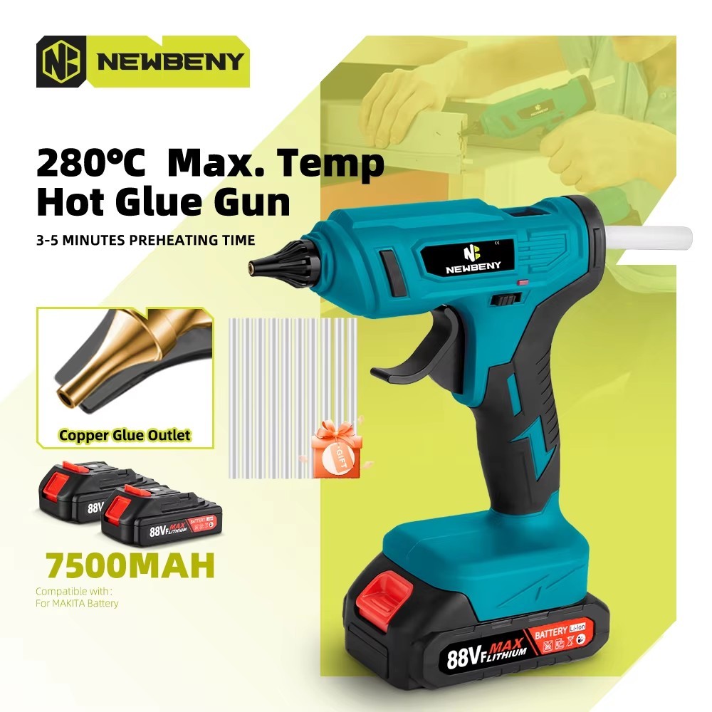 

NEWBENY 280°C Cordless Hot Melt Glue Gun Portable Rechargeable with 10pcs 11mm Glue Sticks DIY Repair Tool For Makita 18VBattery