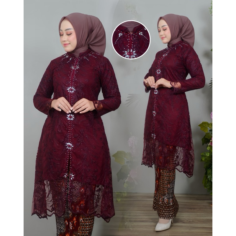 Set Kebaya Tunik Tile Payet Jumbo LD 120, Baju Kondangan Wanita Kekinian Modern