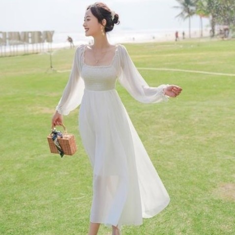 𝐑𝐄𝐀𝐃𝐘 𝐒𝐓𝐎𝐂𝐊 𝐒𝐀𝐅 - FAIRY white sabrina midi dress long sleeve woman premium / korean summer dress / b