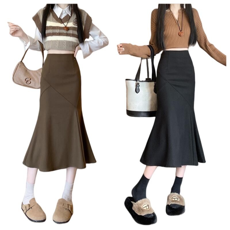 Rok A-line wanita gaya Korea rok pinggang tinggi tidak beraturan rok wanita retro pinggul
