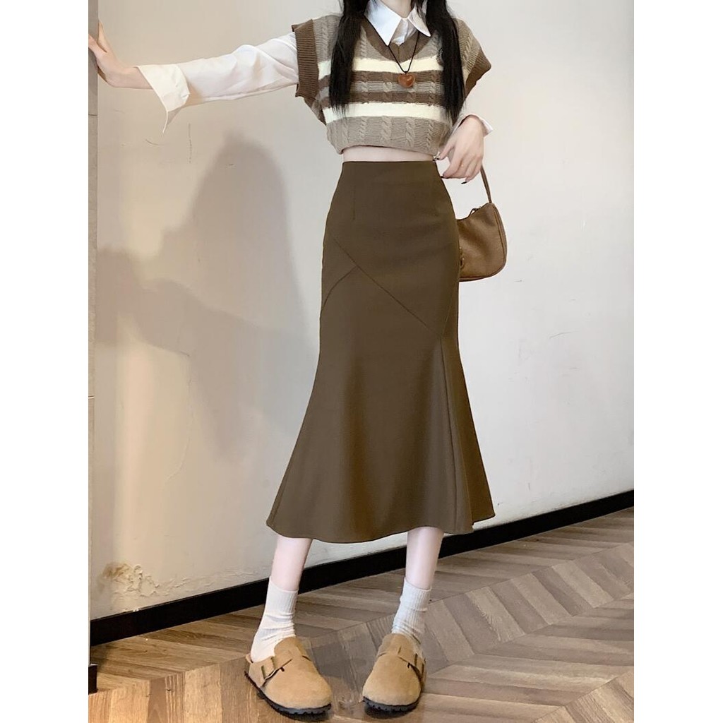 Rok pinggul wanita rok retro Korea wanita rok ekor ikan ramping pinggang tinggi