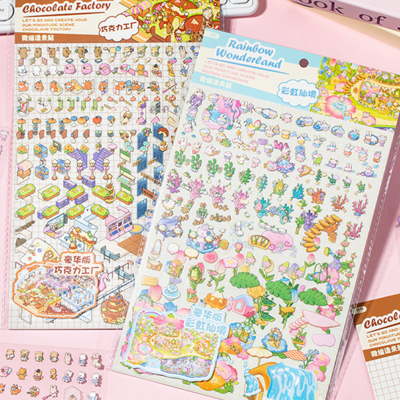 

Mr.Paper 3Pcs/bag Fun World 4.0 PET Stereoscopic Miniature Large Scenic Stickers Visual Stacking Stickers Stationery Gifts Kids