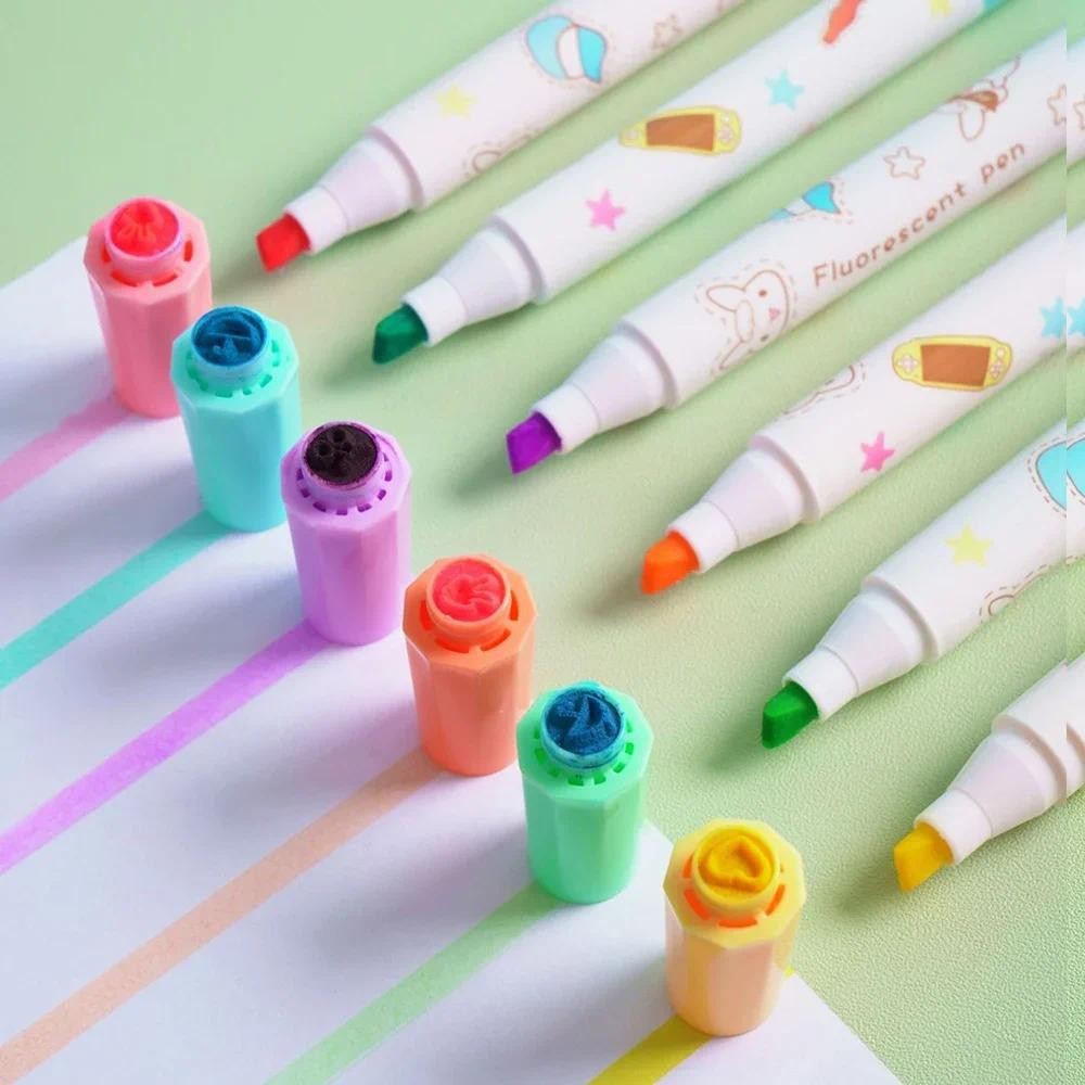 

6pcs Stamp Highlighters Set Dual-ended Marker Pens with Seals for Journaling Planner DIY Craft Supplies Cute Stationery Gift