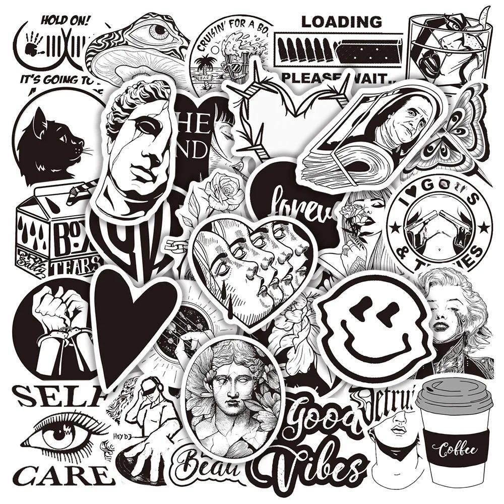

50pcs Cool Black White Style VSCO Stickers Aesthetic Laptop Car Motorcycle Guitar Luggage Phone Graffiti Sticker Decal